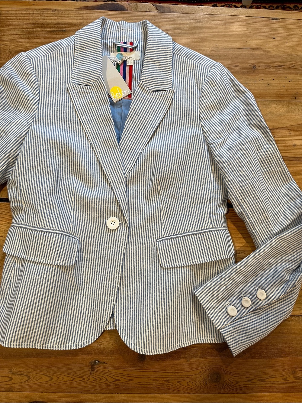 New! BODEN Petite 4P Blue Seersucker Linen Blazer Jacket Lined